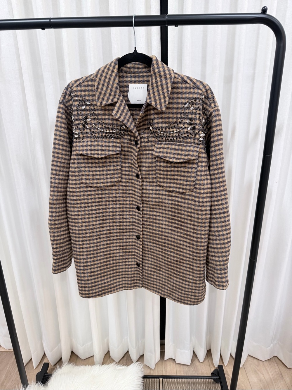 Sandro Paris Embellished Checked Wool-Blend "Brodan" Overshirt Jacket - Picture 3 of 8
